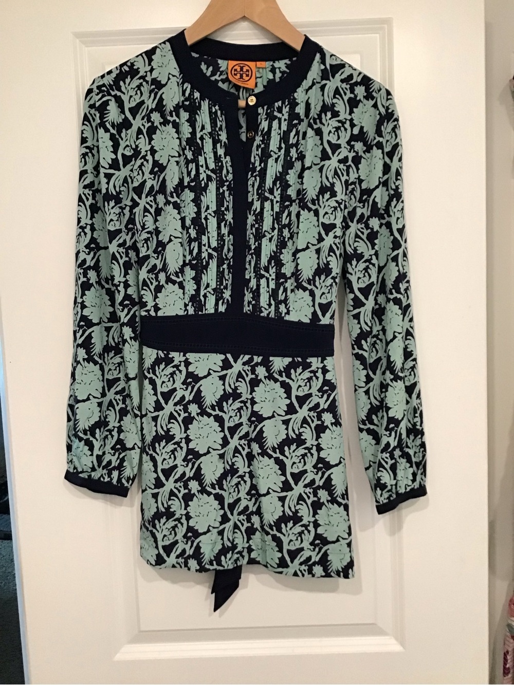 Tory Burch Navy and Mint Floral Long-Sleeve Tunic